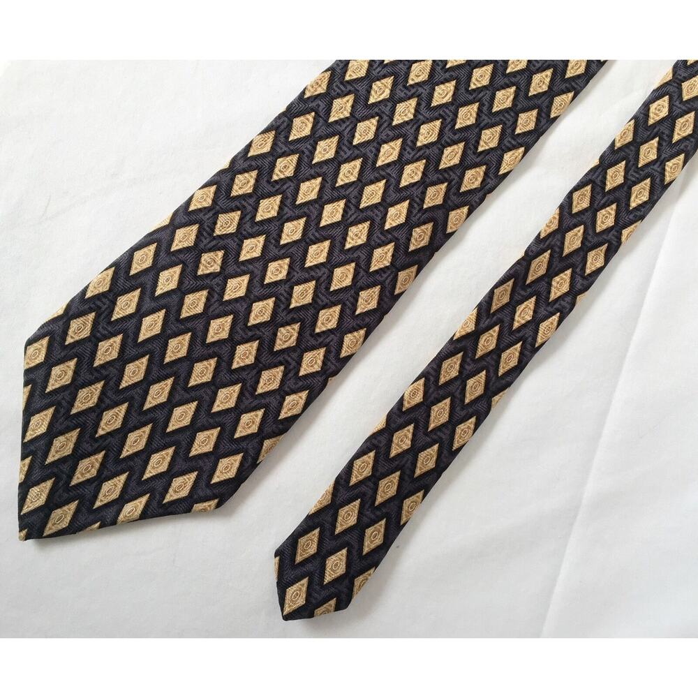 Umberto Bossi Men's Neck Tie Handmade‎ Silk Imported Black/Tan/Grey Diamond